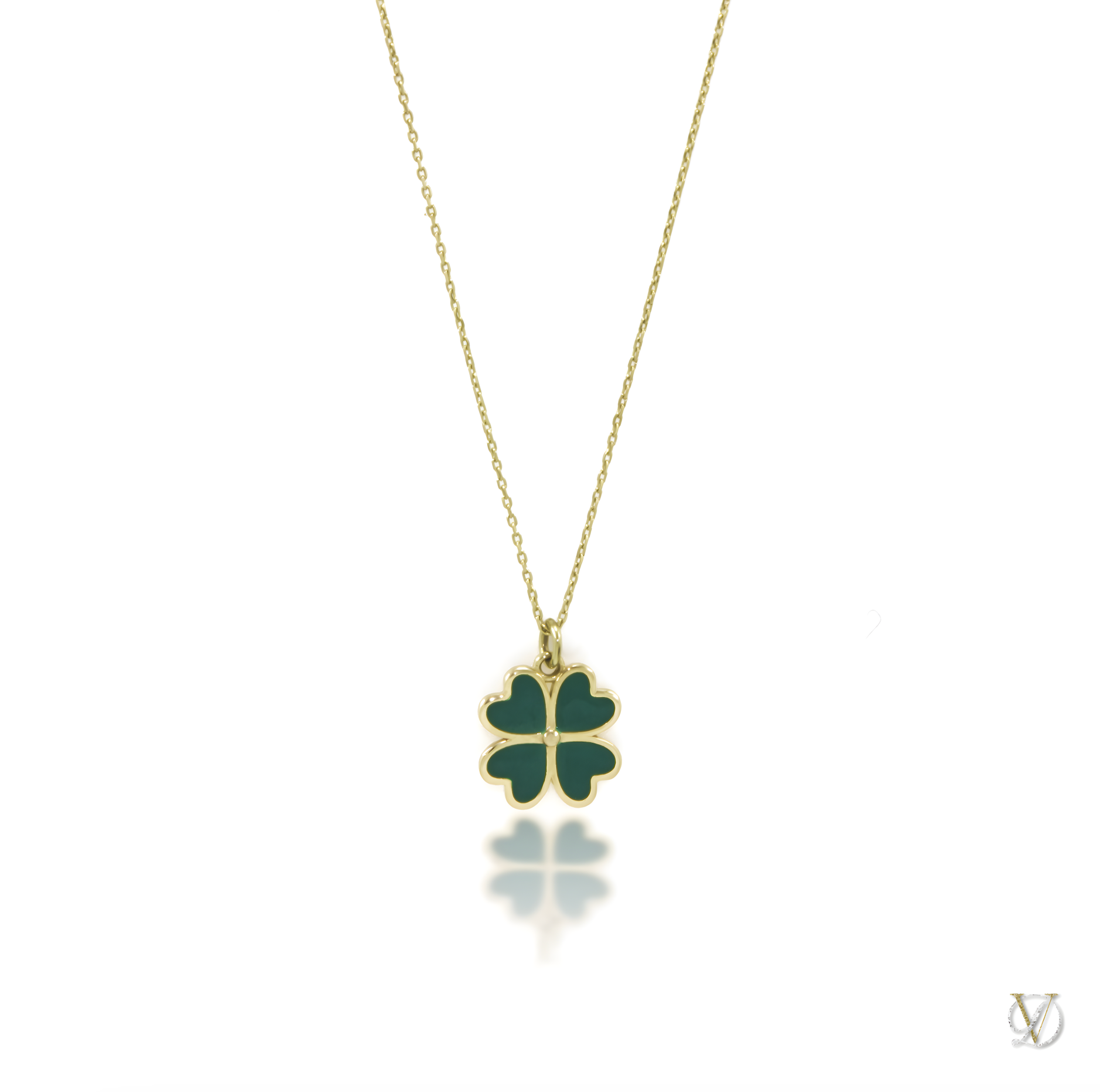 9ct Gold, Green Crystal 4 Leaf Clover Pendant in Green