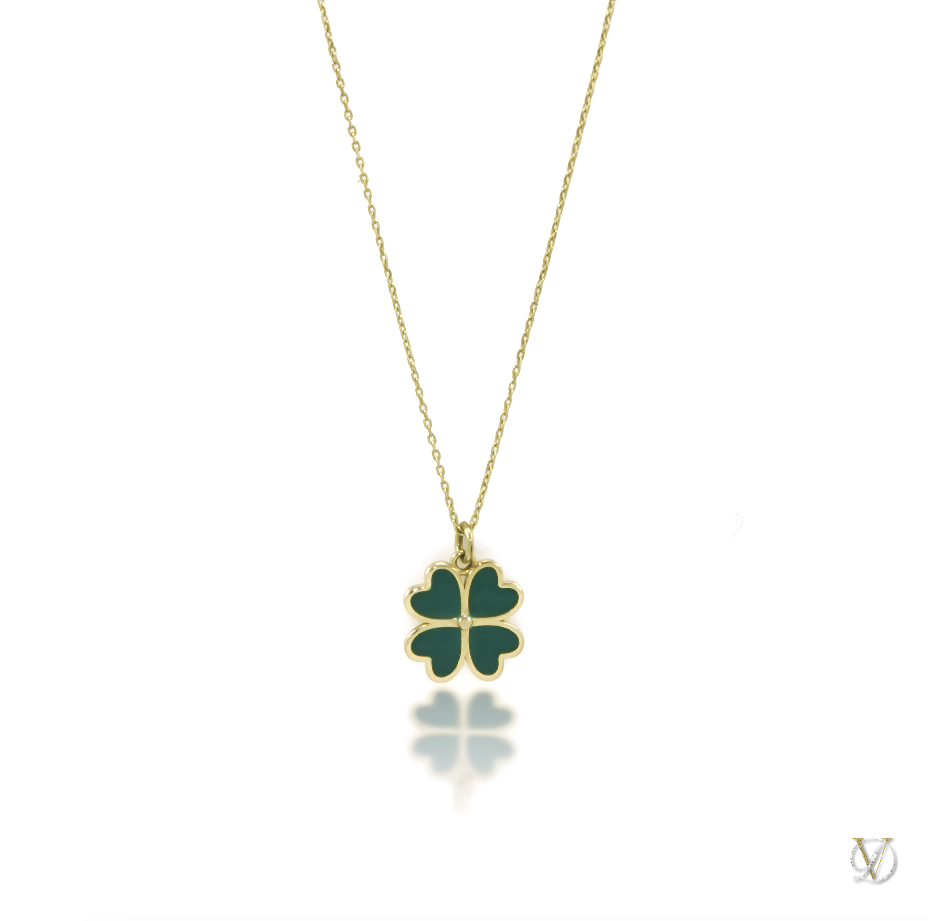 Four Leaf Green Clover Necklace Fortunes in 14k Solid Gold Vega